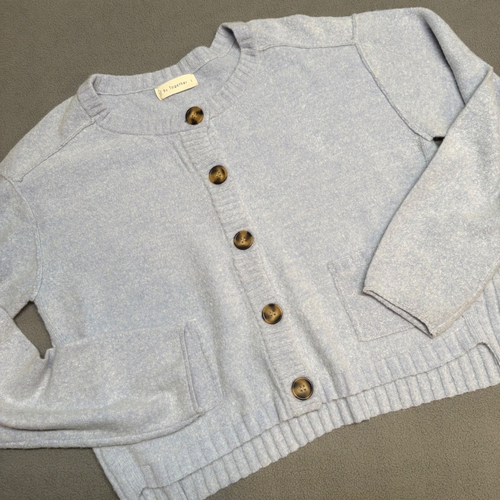 By Together Boxy Cardigan Sweater Button Front Patch Pockets Small Blue Cozy